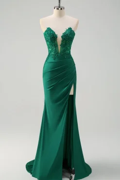 Sereia Verde Strapless Cut out Corset Long Prom Dress com Fenda