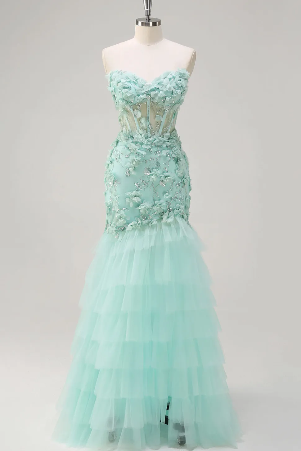 Sereia Verde Strapless Sheer Corset babado longo vestido de baile com flores 3D