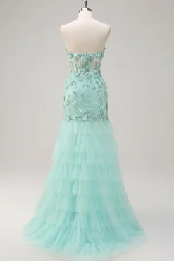 Sereia Verde Strapless Sheer Corset babado longo vestido de baile com flores 3D