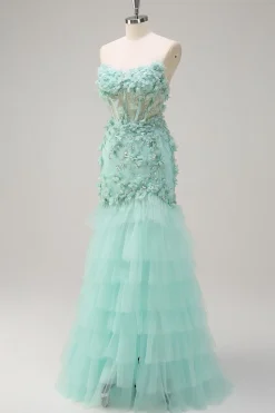 Sereia Verde Strapless Sheer Corset babado longo vestido de baile com flores 3D