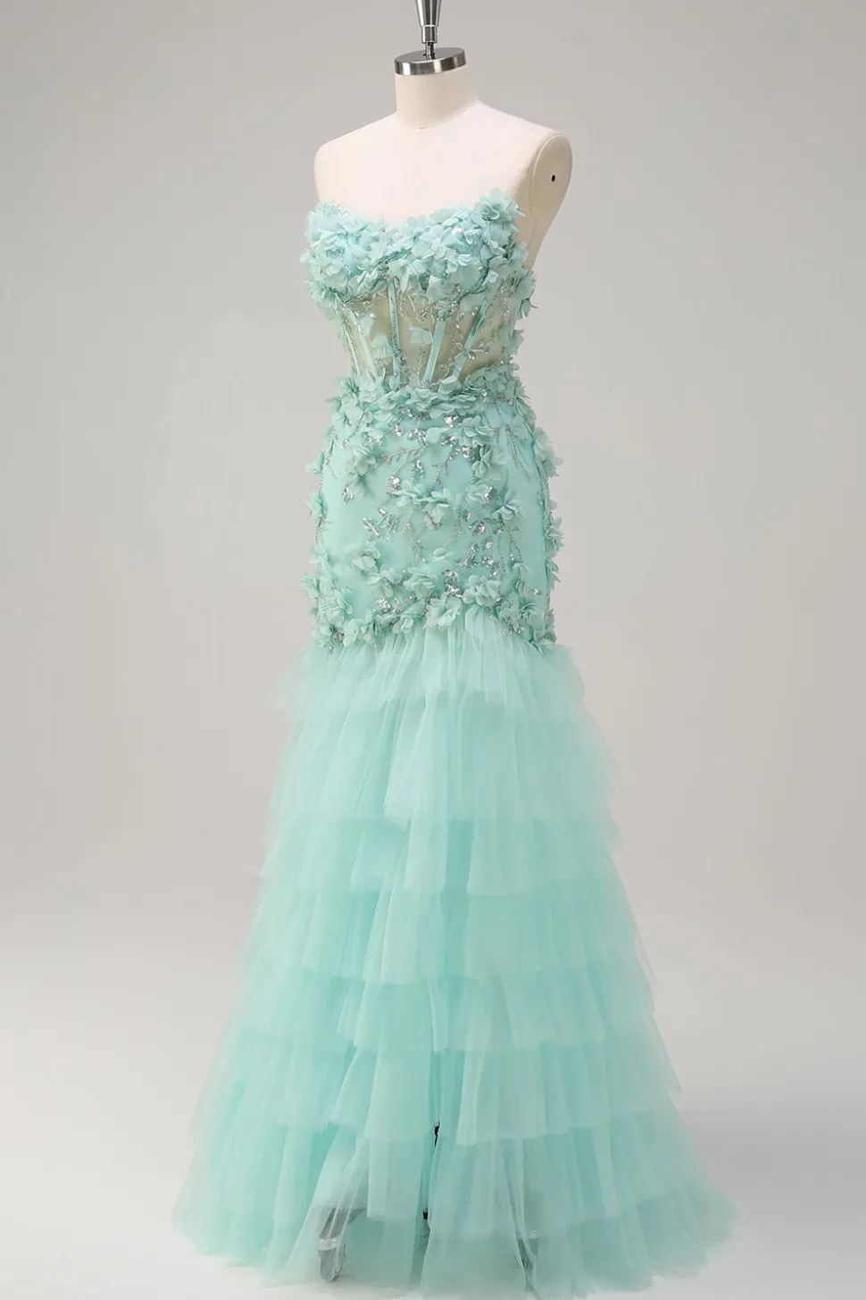 Sereia Verde Strapless Sheer Corset babado longo vestido de baile com flores 3D