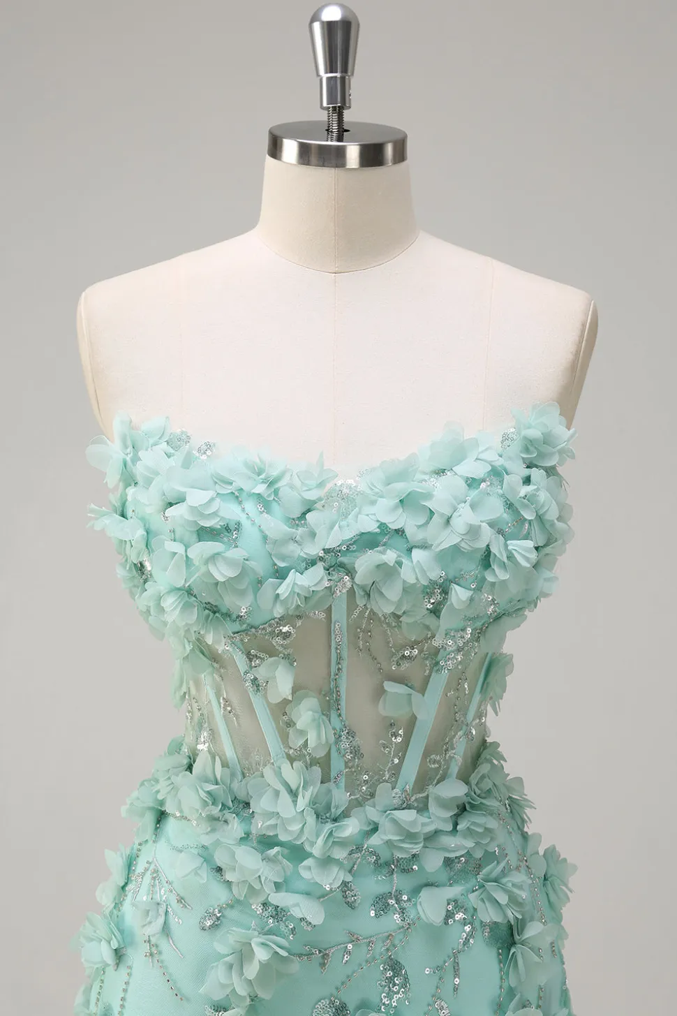 Sereia Verde Strapless Sheer Corset babado longo vestido de baile com flores 3D
