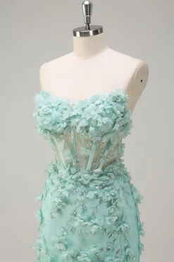 Sereia Verde Strapless Sheer Corset babado longo vestido de baile com flores 3D