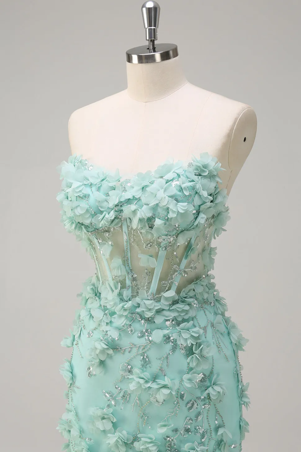 Sereia Verde Strapless Sheer Corset babado longo vestido de baile com flores 3D