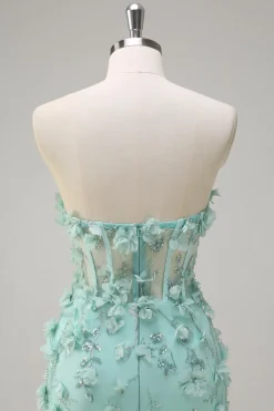 Sereia Verde Strapless Sheer Corset babado longo vestido de baile com flores 3D