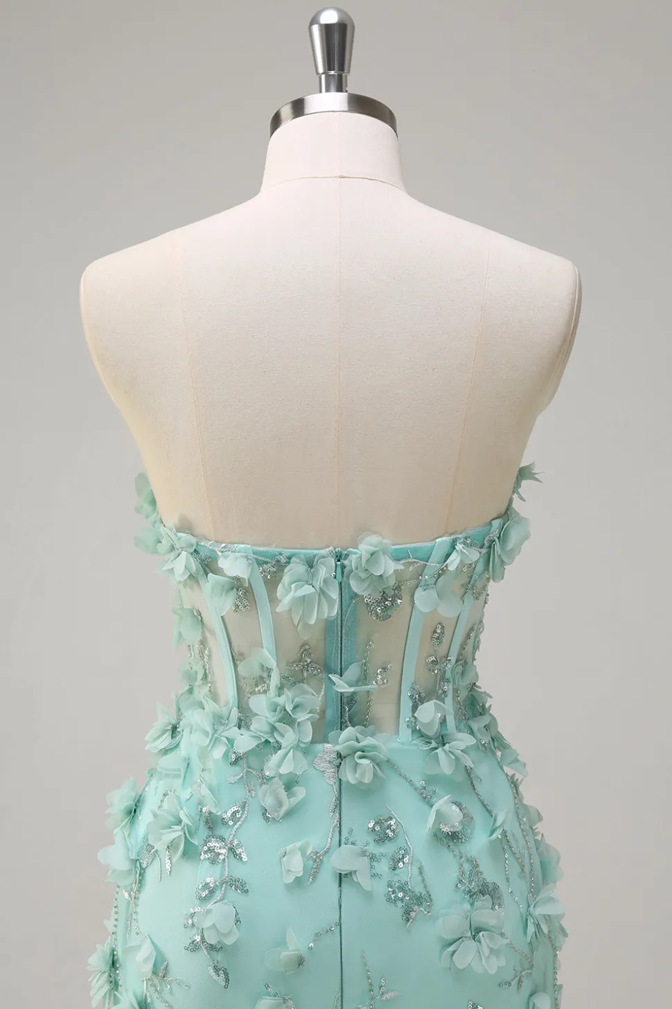 Sereia Verde Strapless Sheer Corset babado longo vestido de baile com flores 3D