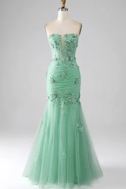 Sereia Verde Strapless Tule Long Prom Dress com Apliques