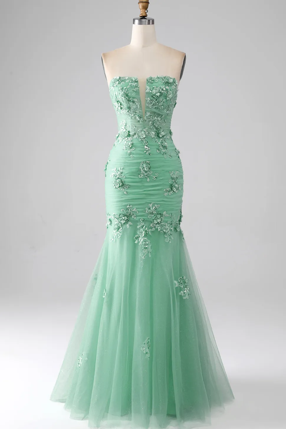 Sereia Verde Strapless Tule Long Prom Dress com Apliques
