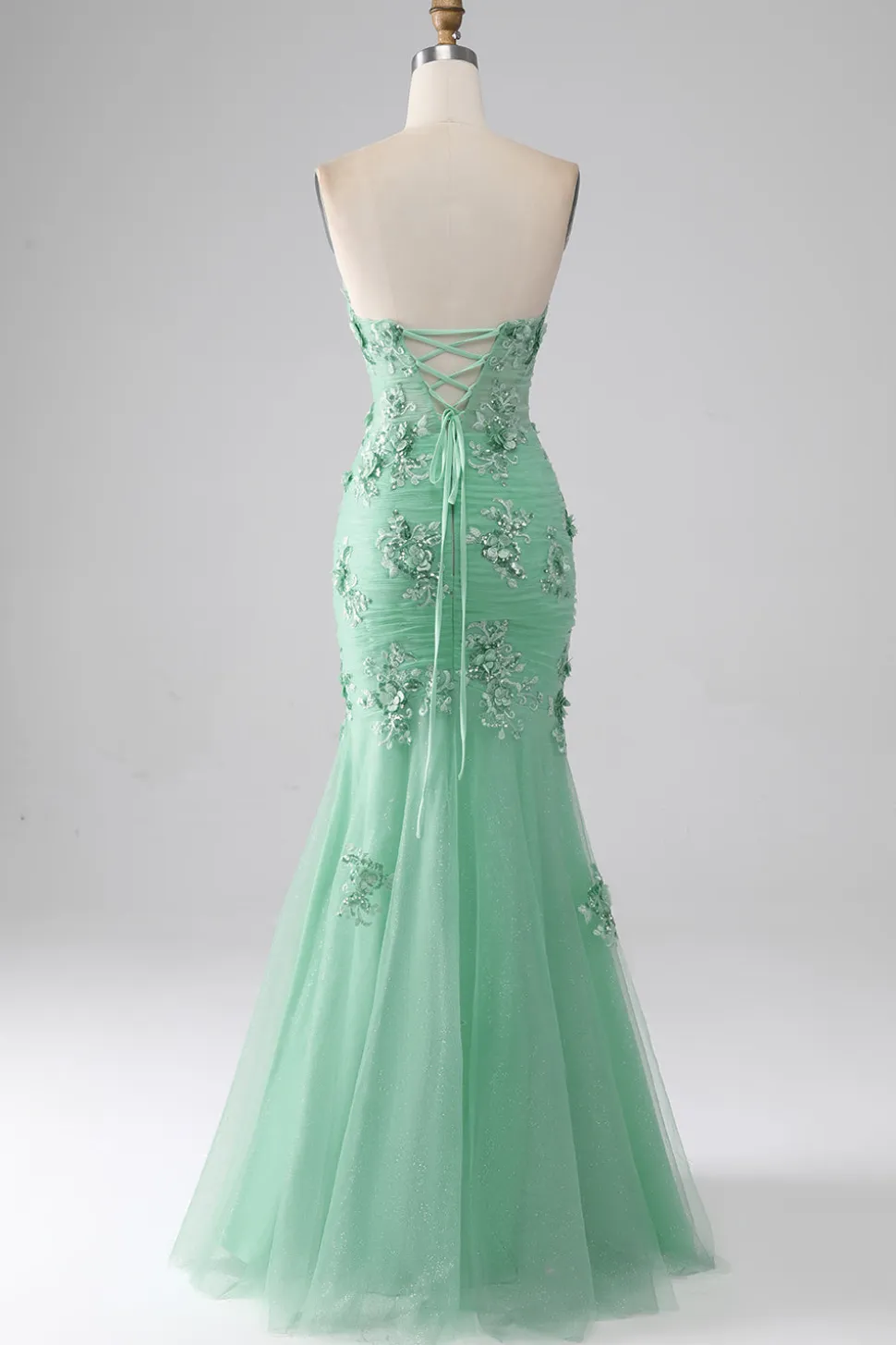 Sereia Verde Strapless Tule Long Prom Dress com Apliques