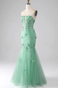 Sereia Verde Strapless Tule Long Prom Dress com Apliques