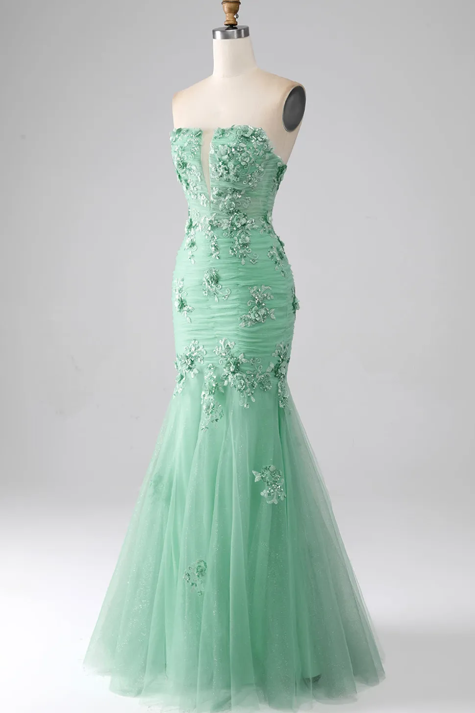 Sereia Verde Strapless Tule Long Prom Dress com Apliques