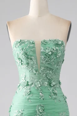 Sereia Verde Strapless Tule Long Prom Dress com Apliques