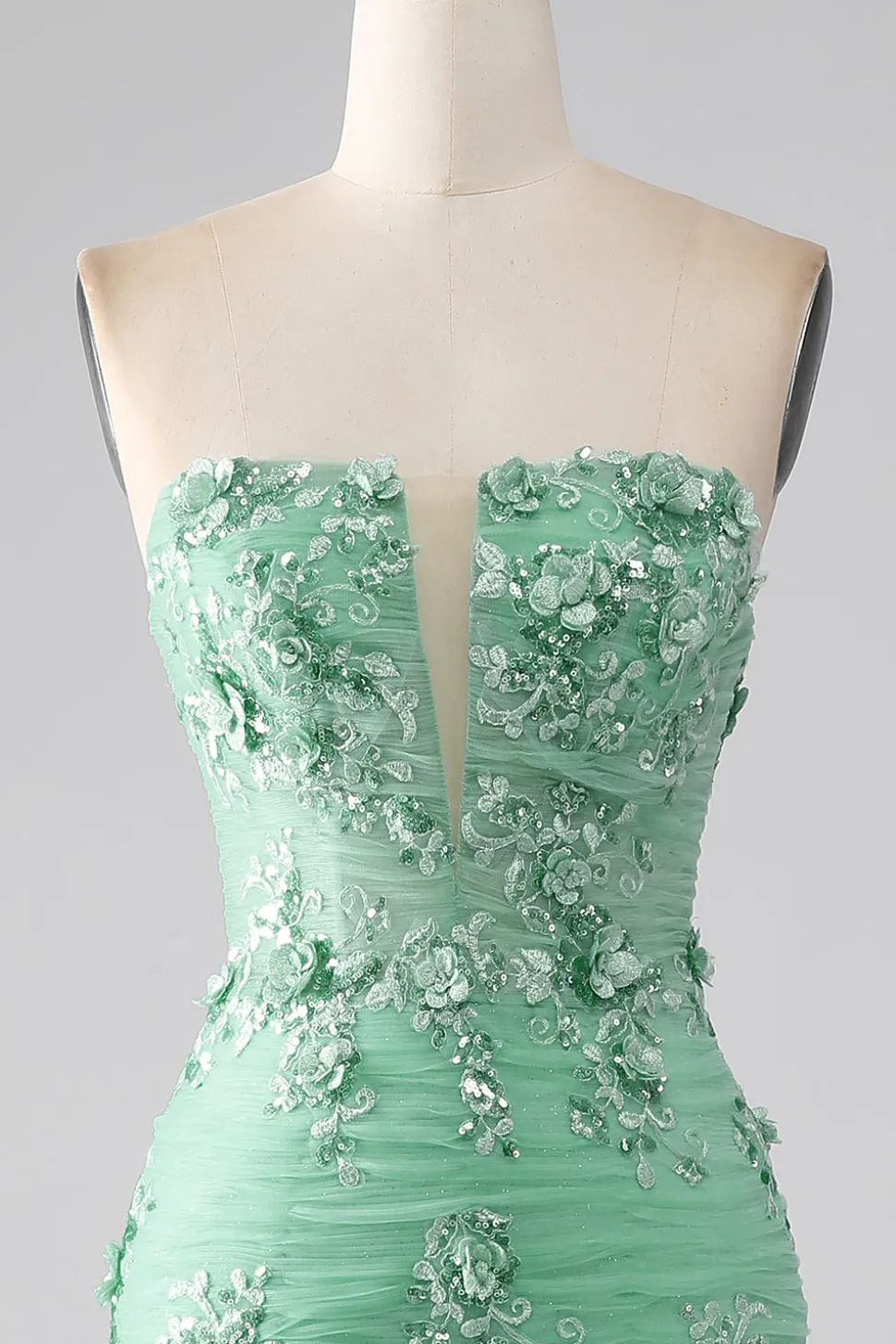 Sereia Verde Strapless Tule Long Prom Dress com Apliques