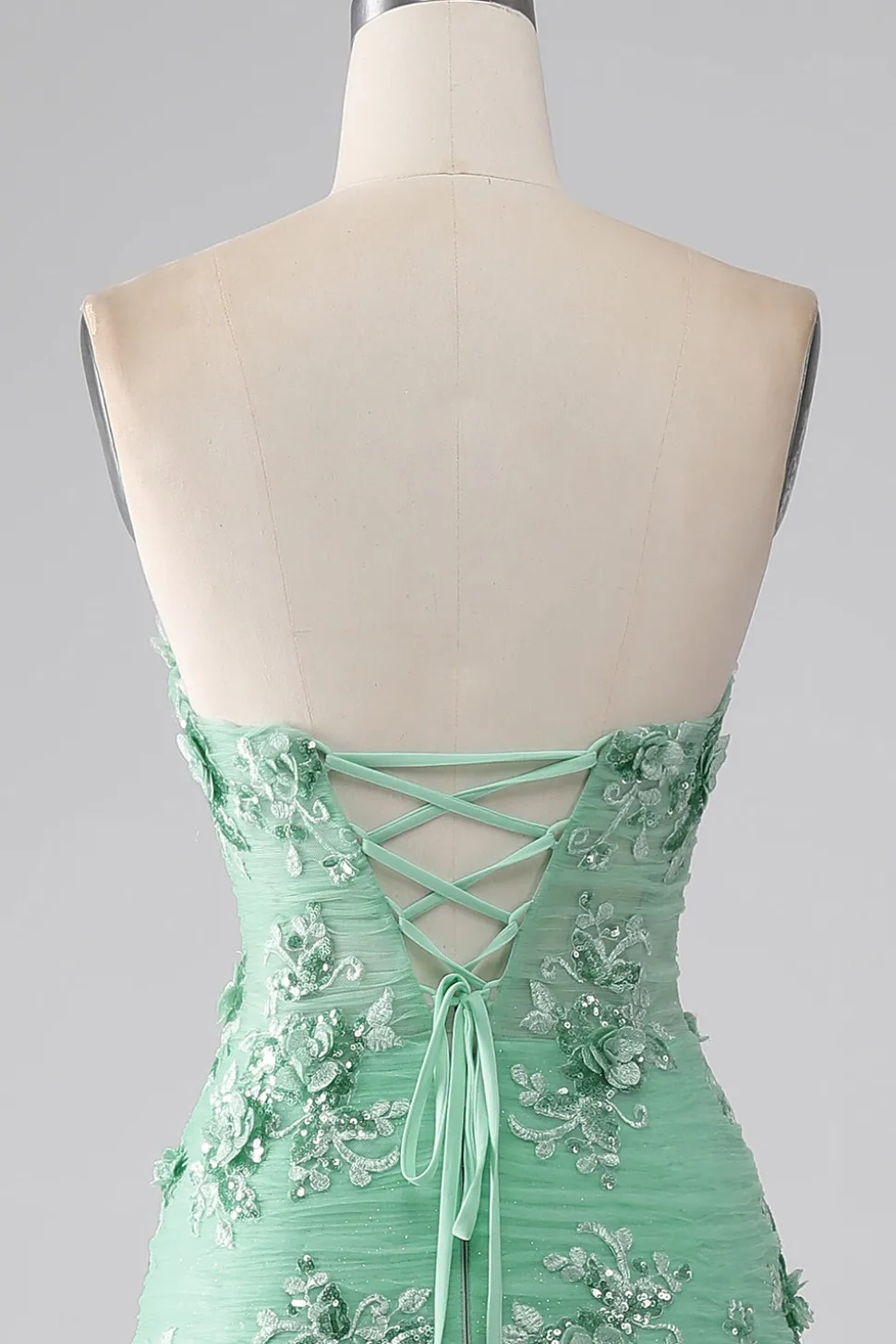 Sereia Verde Strapless Tule Long Prom Dress com Apliques