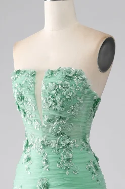 Sereia Verde Strapless Tule Long Prom Dress com Apliques