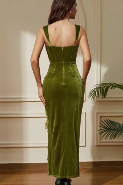 Sereia Verde Veludo Corset Vestido de festa longo com fenda rendilhada