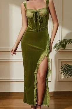 Sereia Verde Veludo Corset Vestido de festa longo com fenda rendilhada