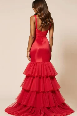 Sereia Vermelha Alças Finas Babados Longo Vestido de Baile com Fenda