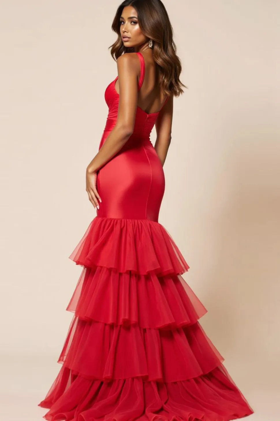 Sereia Vermelha Alças Finas Babados Longo Vestido de Baile com Fenda