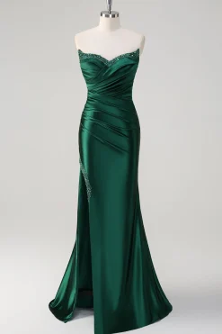 Sereia Vermelha Cetim Strapless plissado lantejoulas longo vestido de baile com fenda
