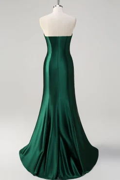 Sereia Vermelha Cetim Strapless plissado lantejoulas longo vestido de baile com fenda
