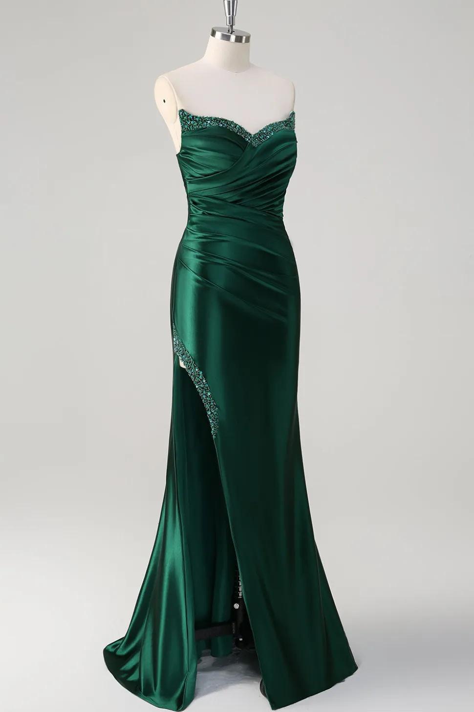 Sereia Vermelha Cetim Strapless plissado lantejoulas longo vestido de baile com fenda