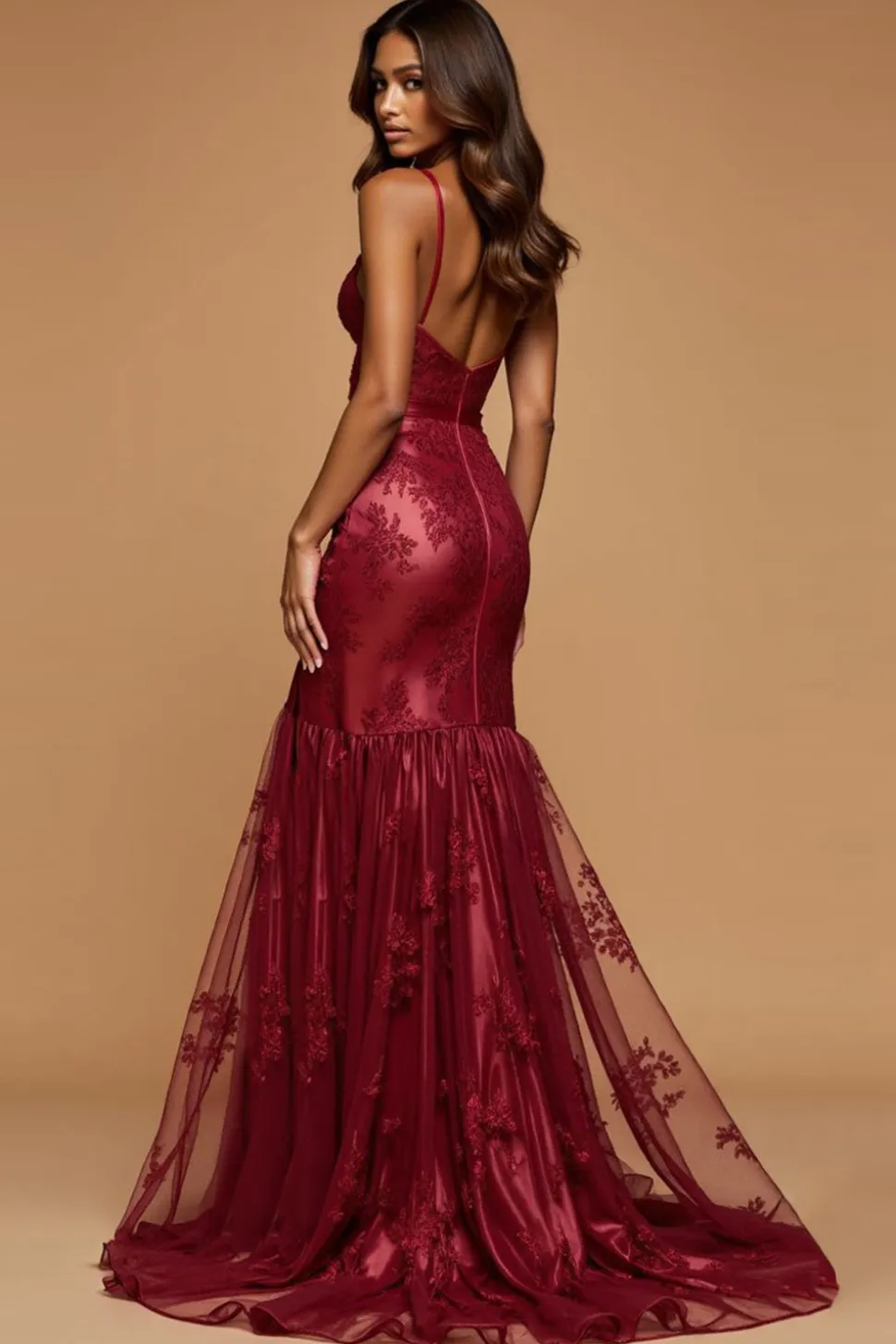 Sereia Vermelha Escura Deep V-Neck Lace Prom Dress