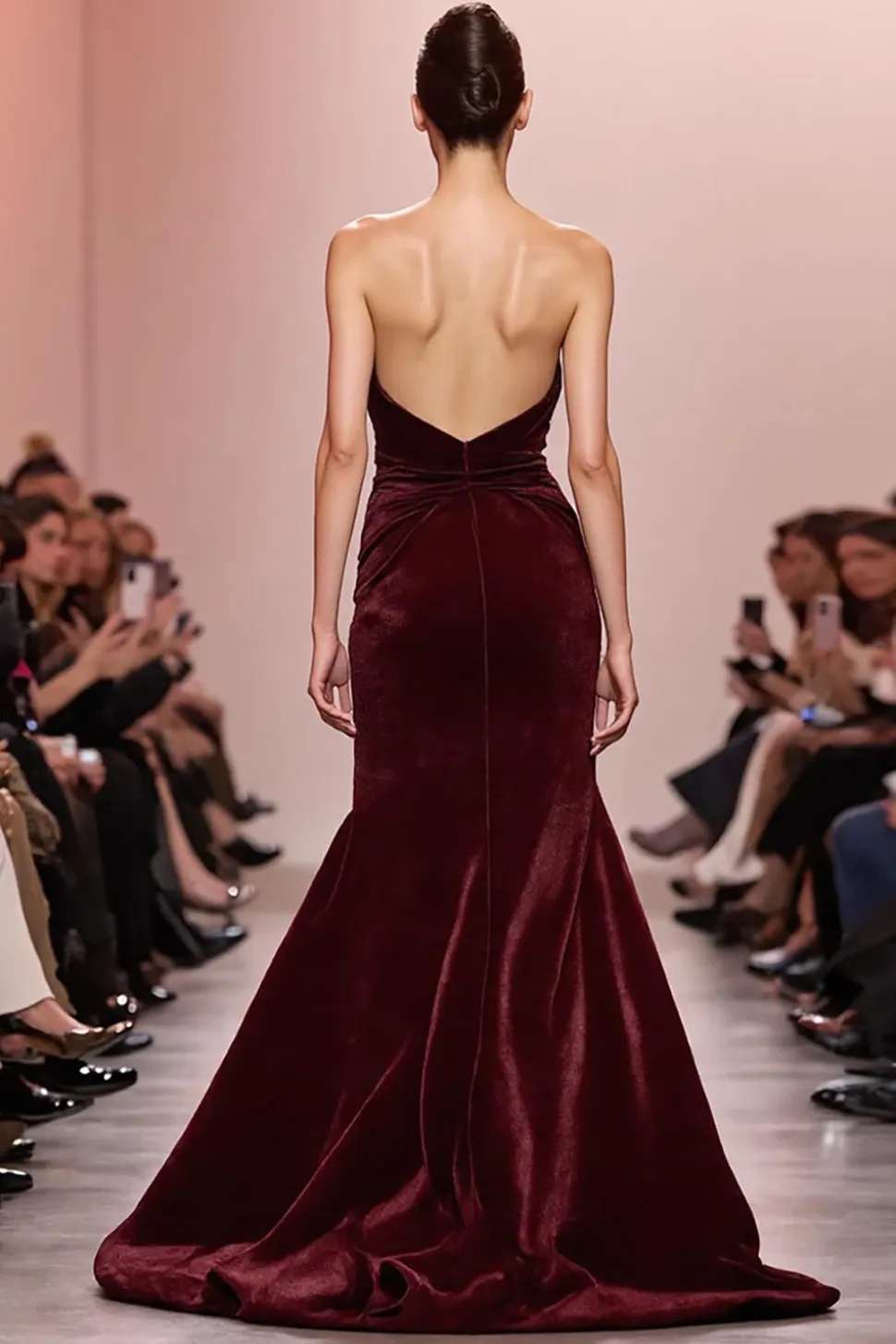 Sereia Vermelha Escura Veludo Ruched Strapless Vestido de Noite Longo