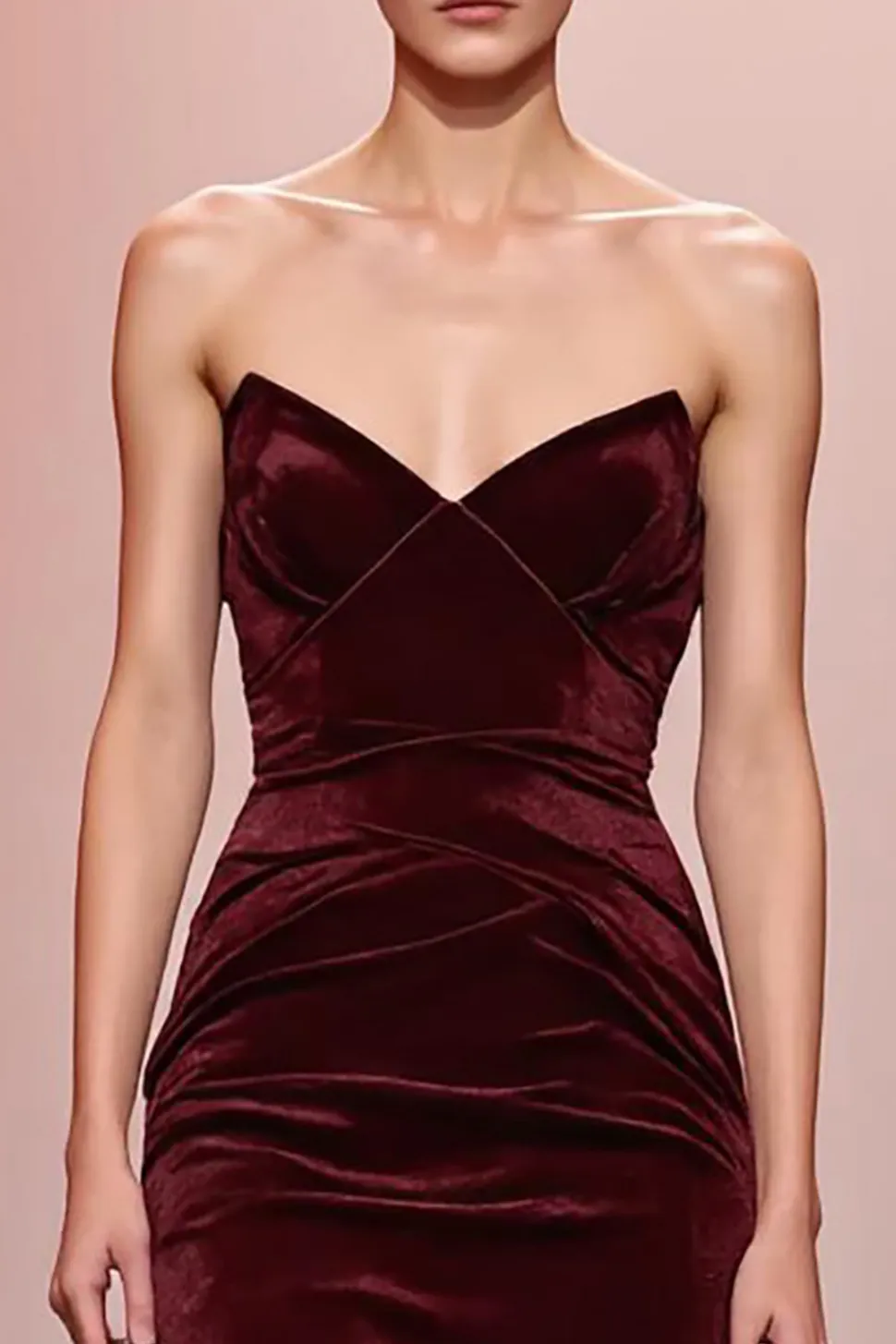 Sereia Vermelha Escura Veludo Ruched Strapless Vestido de Noite Longo