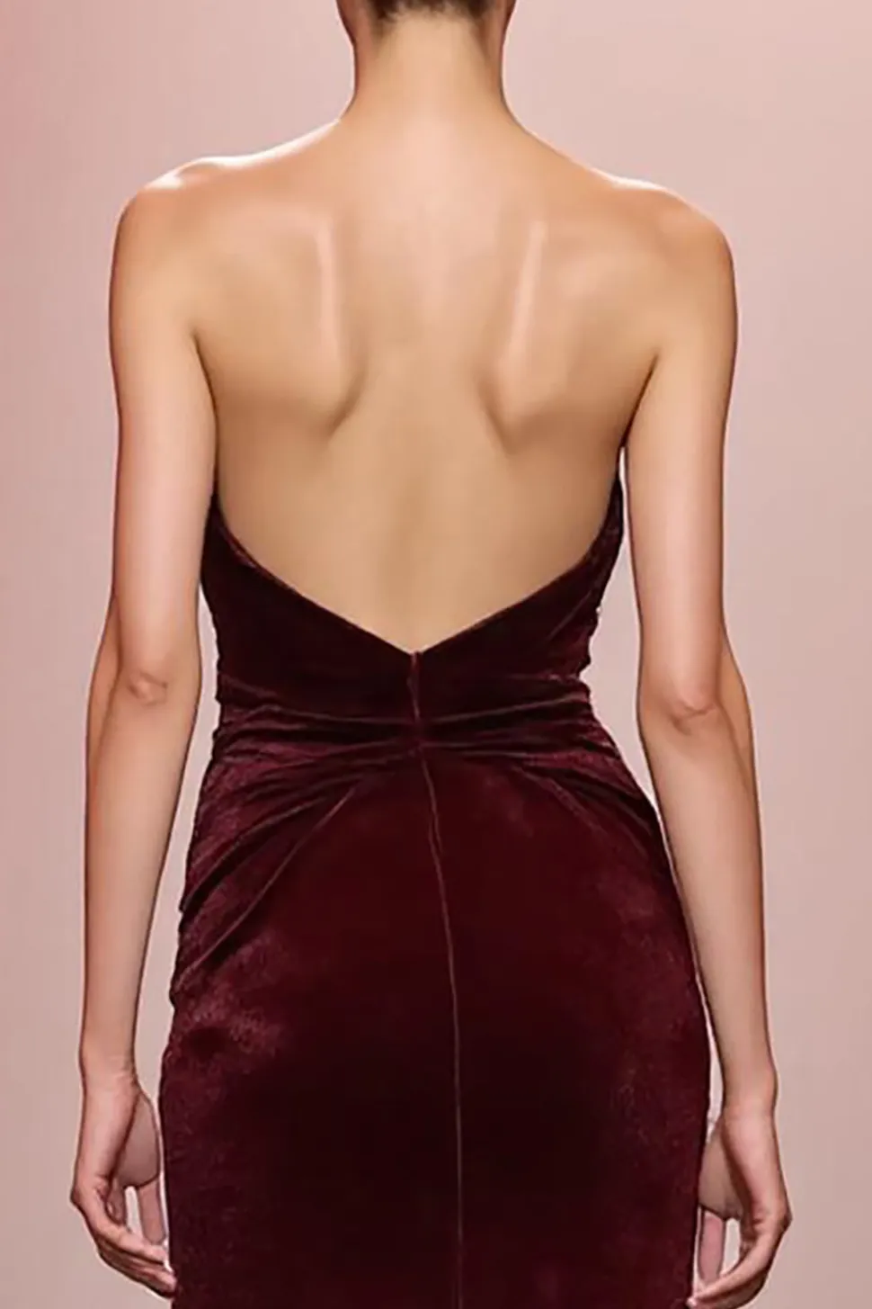 Sereia Vermelha Escura Veludo Ruched Strapless Vestido de Noite Longo