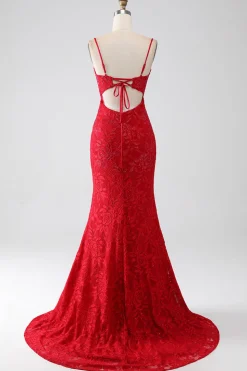Sereia Vermelha Esparguete Correias Frisado Renda Applique Prom Dress Com Fenda