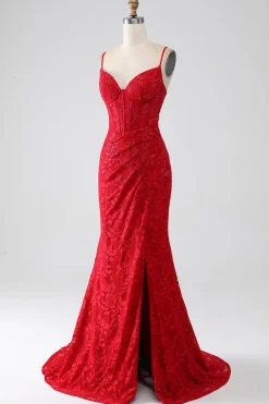 Sereia Vermelha Esparguete Correias Frisado Renda Applique Prom Dress Com Fenda