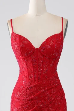 Sereia Vermelha Esparguete Correias Frisado Renda Applique Prom Dress Com Fenda