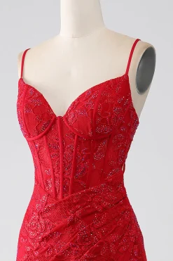 Sereia Vermelha Esparguete Correias Frisado Renda Applique Prom Dress Com Fenda