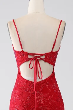 Sereia Vermelha Esparguete Correias Frisado Renda Applique Prom Dress Com Fenda