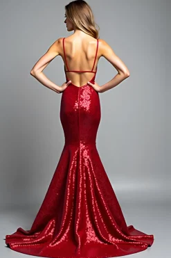 Sereia Vermelha Esparguete Correias Sequined Prom Dress