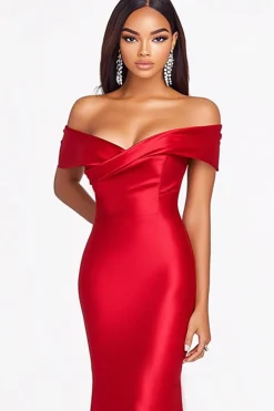 Sereia vermelha fora do ombro cetim vestido formal