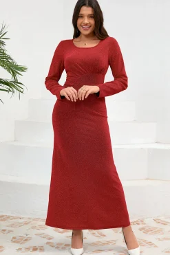 Sereia Vermelha Scoop Neck Vestido de Festa Longo com Mangas Longas