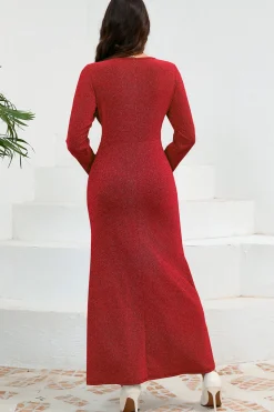 Sereia Vermelha Scoop Neck Vestido de Festa Longo com Mangas Longas