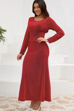 Sereia Vermelha Scoop Neck Vestido de Festa Longo com Mangas Longas