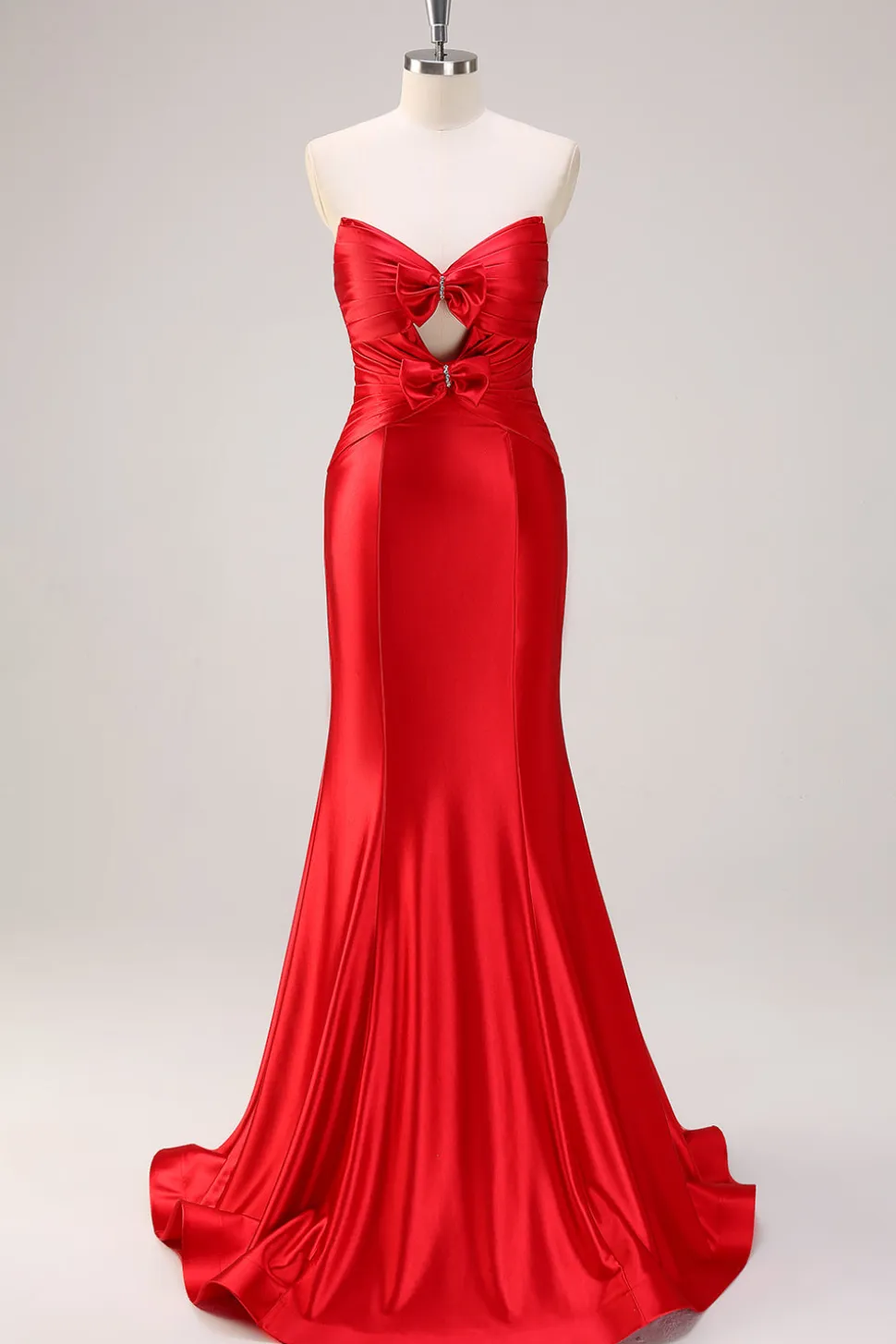 Sereia Vermelha Strapless Cut out Ruched Long Prom Dress com laços