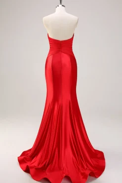 Sereia Vermelha Strapless Cut out Ruched Long Prom Dress com laços
