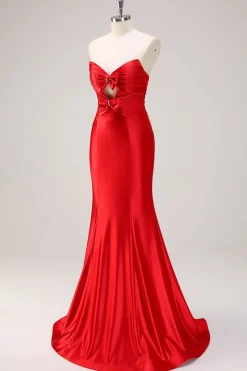 Sereia Vermelha Strapless Cut out Ruched Long Prom Dress com laços