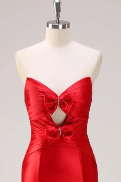 Sereia Vermelha Strapless Cut out Ruched Long Prom Dress com laços