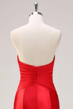 Sereia Vermelha Strapless Cut out Ruched Long Prom Dress com laços