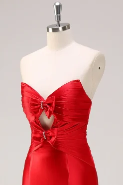 Sereia Vermelha Strapless Cut out Ruched Long Prom Dress com laços