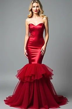 Sereia Vermelha Strapless Cetim Tulle Prom Dress