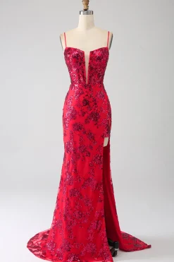 Sereia Vermelho Escuro Sequins Prom Dress com Fenda
