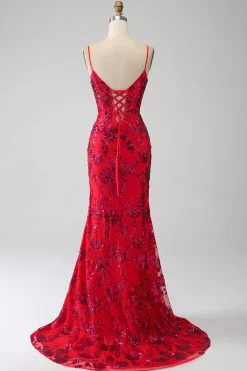 Sereia Vermelho Escuro Sequins Prom Dress com Fenda