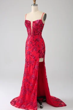 Sereia Vermelho Escuro Sequins Prom Dress com Fenda